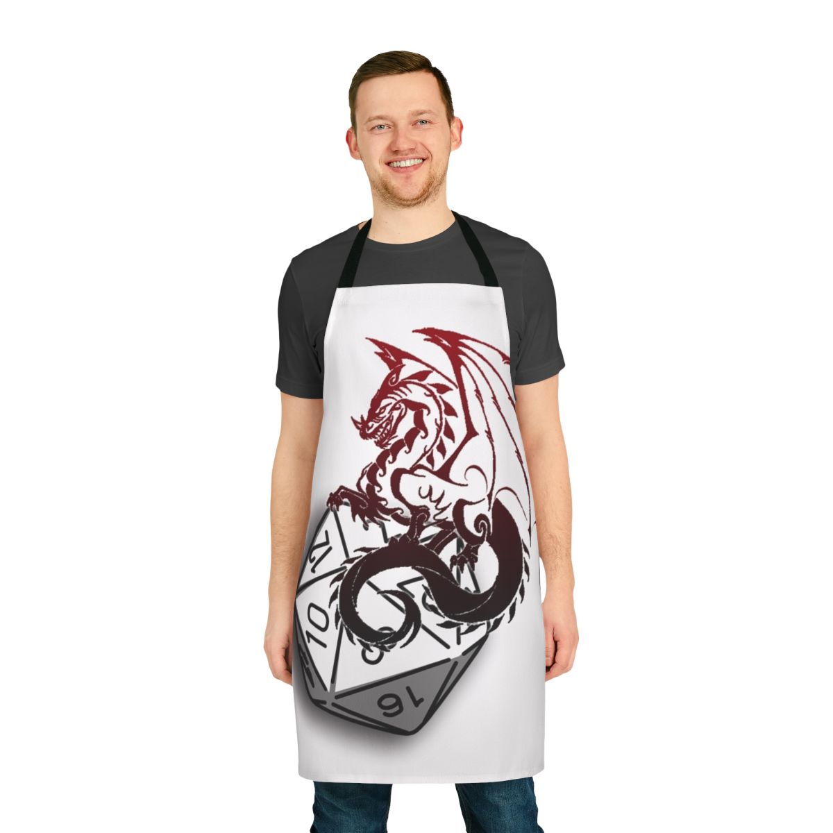 A stylish apron featuring fantasy-themed designs, perfect for D&D fans and home chefs.