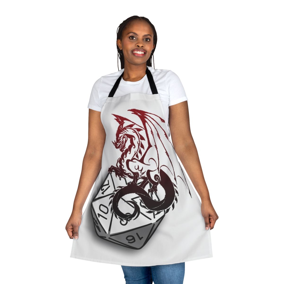 A stylish apron featuring fantasy-themed designs, perfect for D&D fans and home chefs.