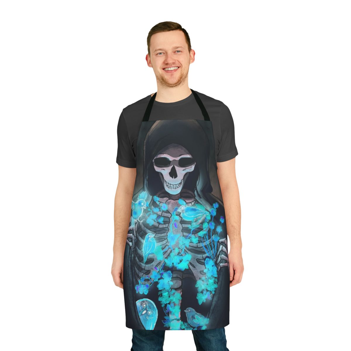 A dark apron featuring a reaper and souls, perfect for the spiritual kitchen.