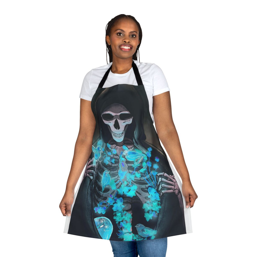 A dark apron featuring a reaper and souls, perfect for the spiritual kitchen.