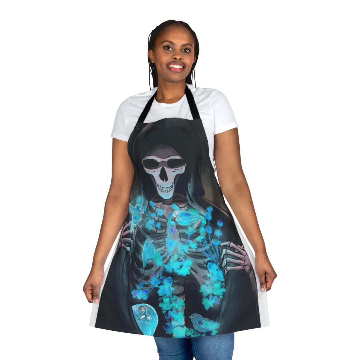 A dark apron featuring a reaper and souls, perfect for the spiritual kitchen.