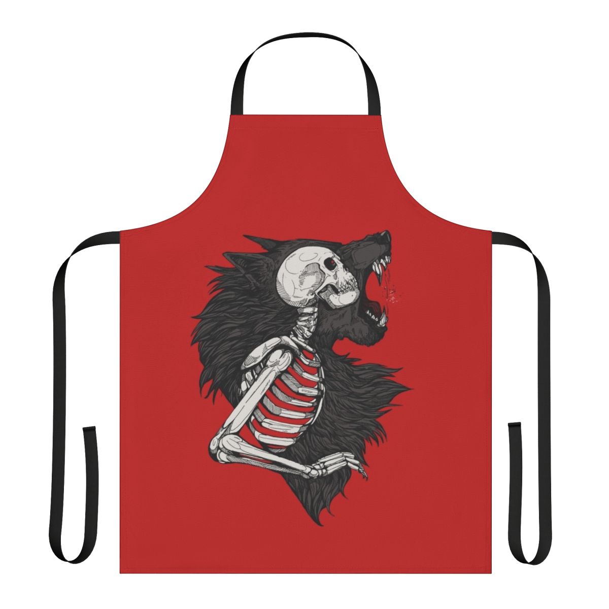 A gothic-style apron with werewolf, skeleton, and horror motifs, perfect for fans of the supernatural.