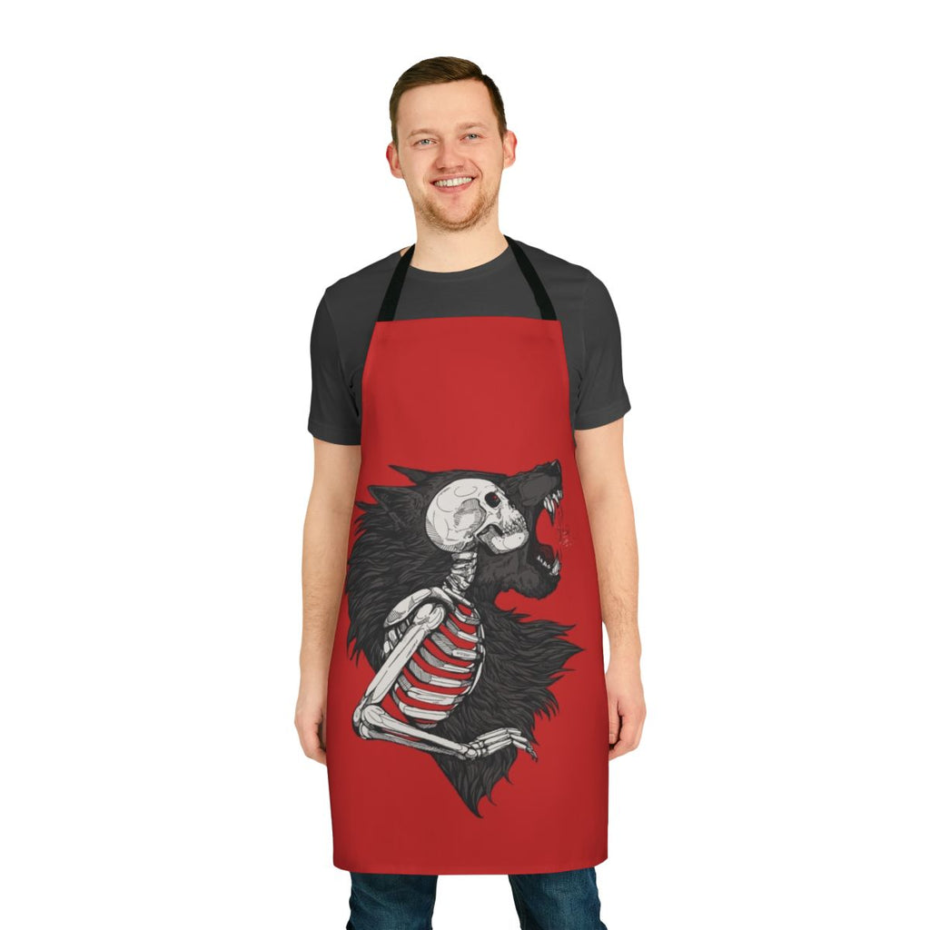A gothic-style apron with werewolf, skeleton, and horror motifs, perfect for fans of the supernatural.