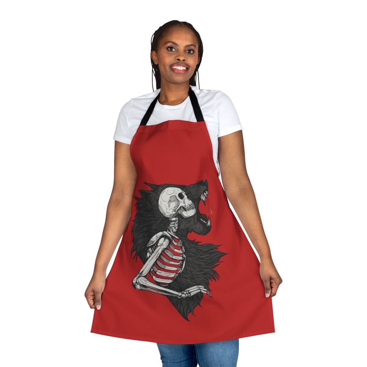 A gothic-style apron with werewolf, skeleton, and horror motifs, perfect for fans of the supernatural.