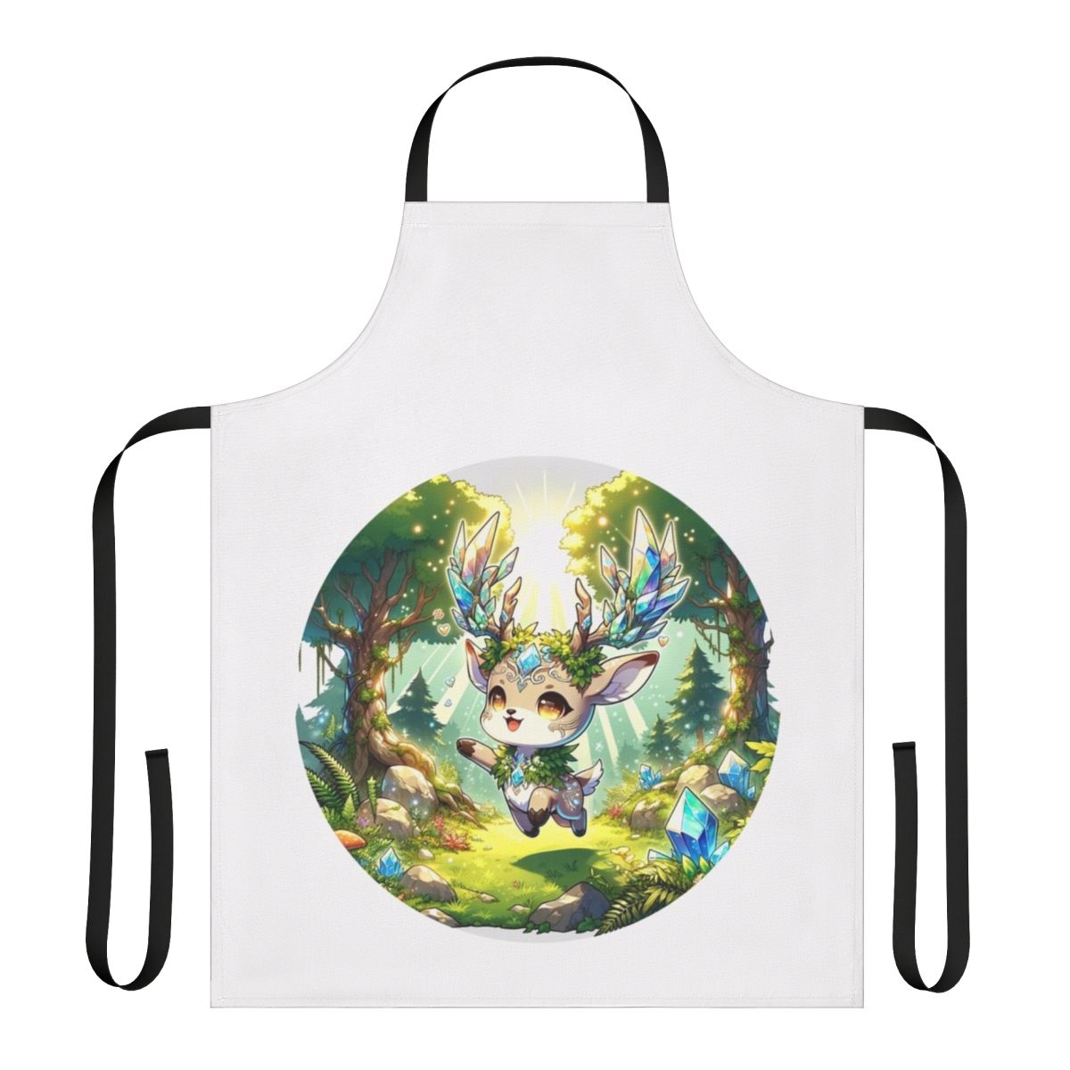 Apron featuring a fantastical deer in a crystal forest design