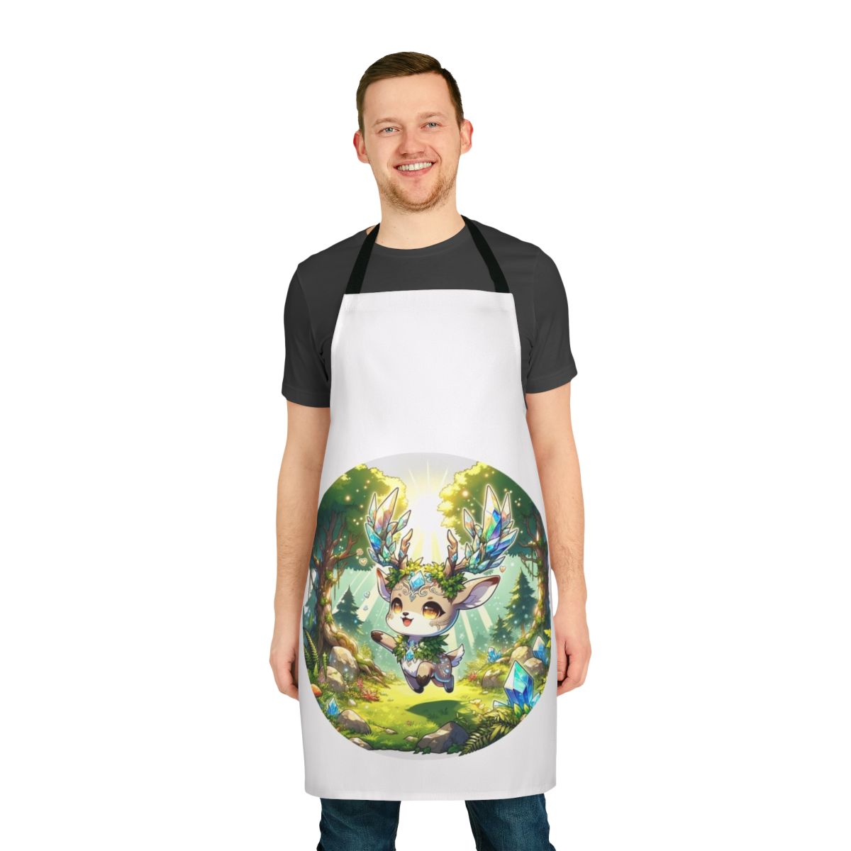Apron featuring a fantastical deer in a crystal forest design
