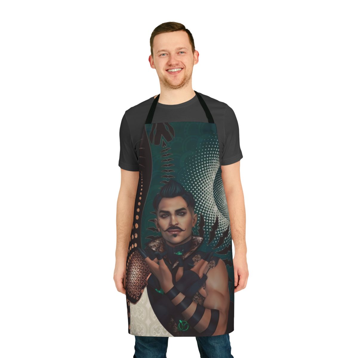 Stylish Dragon Age inspired apron featuring Dorian Pavus and Tevinter tarot imagery