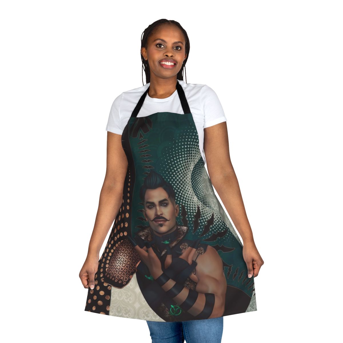 Stylish Dragon Age inspired apron featuring Dorian Pavus and Tevinter tarot imagery