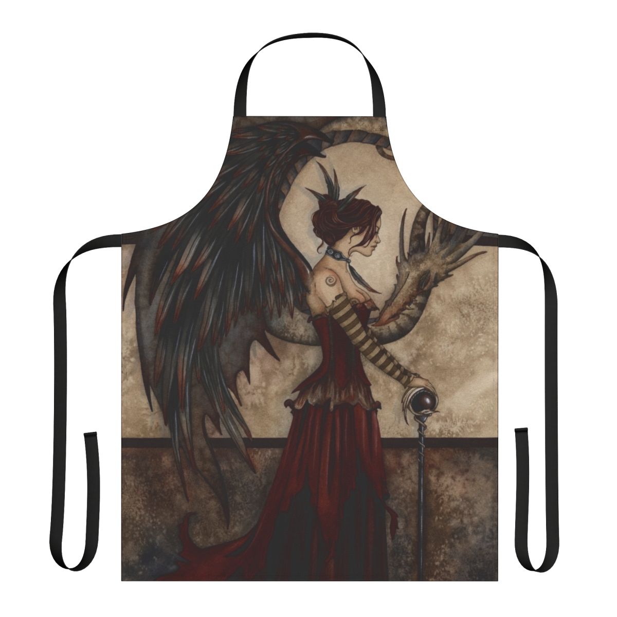 Apron featuring a dark, mystical dragon design by artist Amy Brown