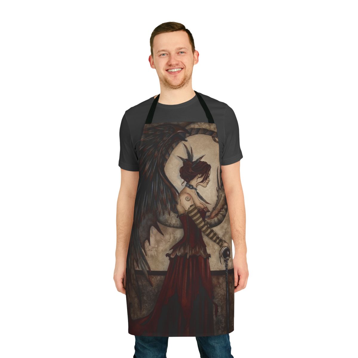 Apron featuring a dark, mystical dragon design by artist Amy Brown