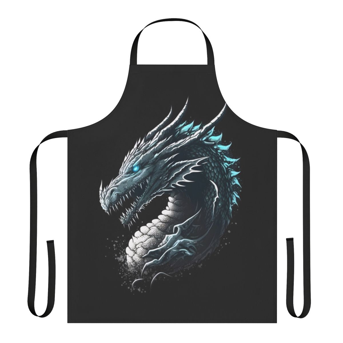 A white and black apron featuring an intricate, fantasy-inspired dragon design.