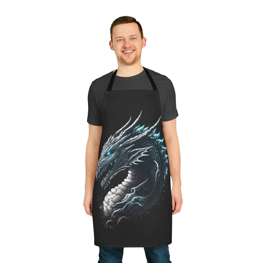 A white and black apron featuring an intricate, fantasy-inspired dragon design.