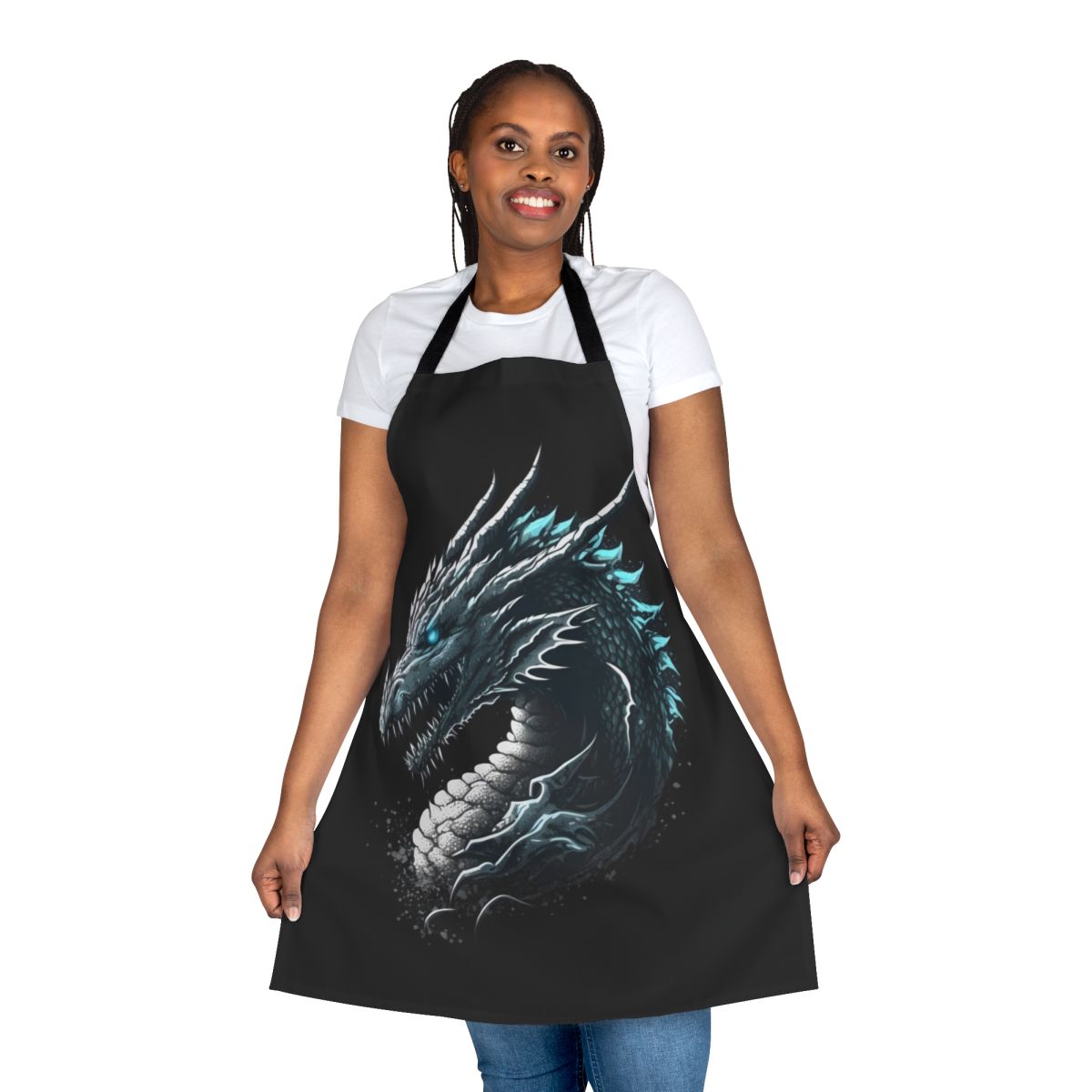 A white and black apron featuring an intricate, fantasy-inspired dragon design.