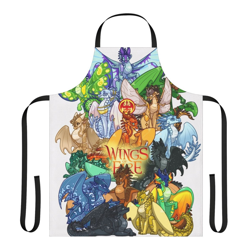 A vibrant blue apron featuring various dragons from the "Wings of Fire" book series.