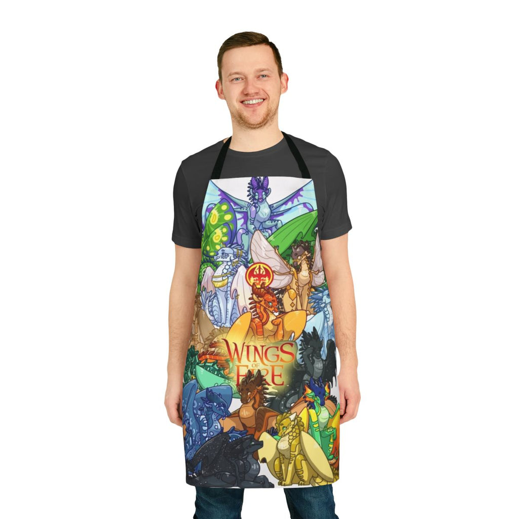 A vibrant blue apron featuring various dragons from the "Wings of Fire" book series.