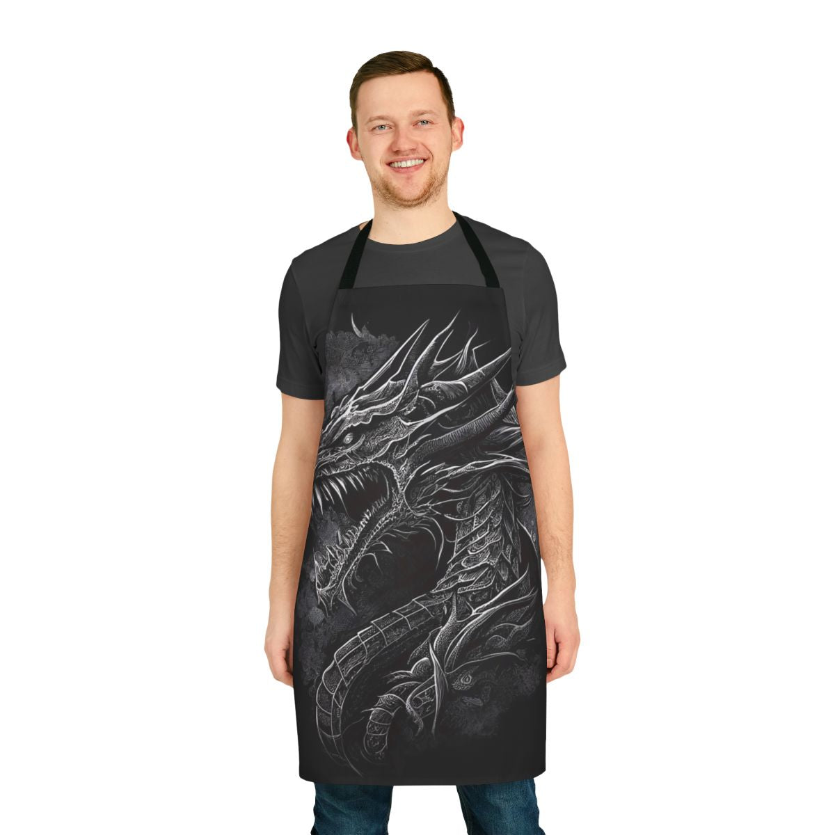 A high-quality apron featuring a striking dragon design, perfect for fantasy fans and culinary adventures.