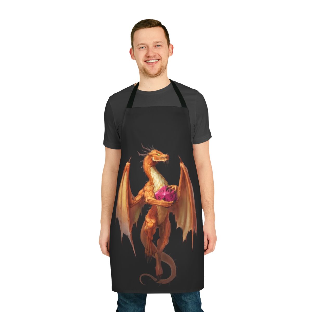 A vibrant and whimsical apron featuring a detailed dragon design, perfect for fantasy fans and home cooks alike.