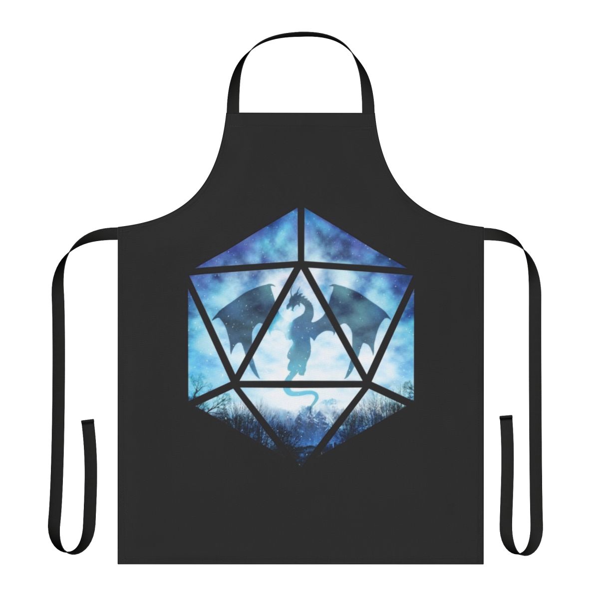 A blue and white apron featuring an ice dragon design, perfect for roleplaying and tabletop gaming enthusiasts.