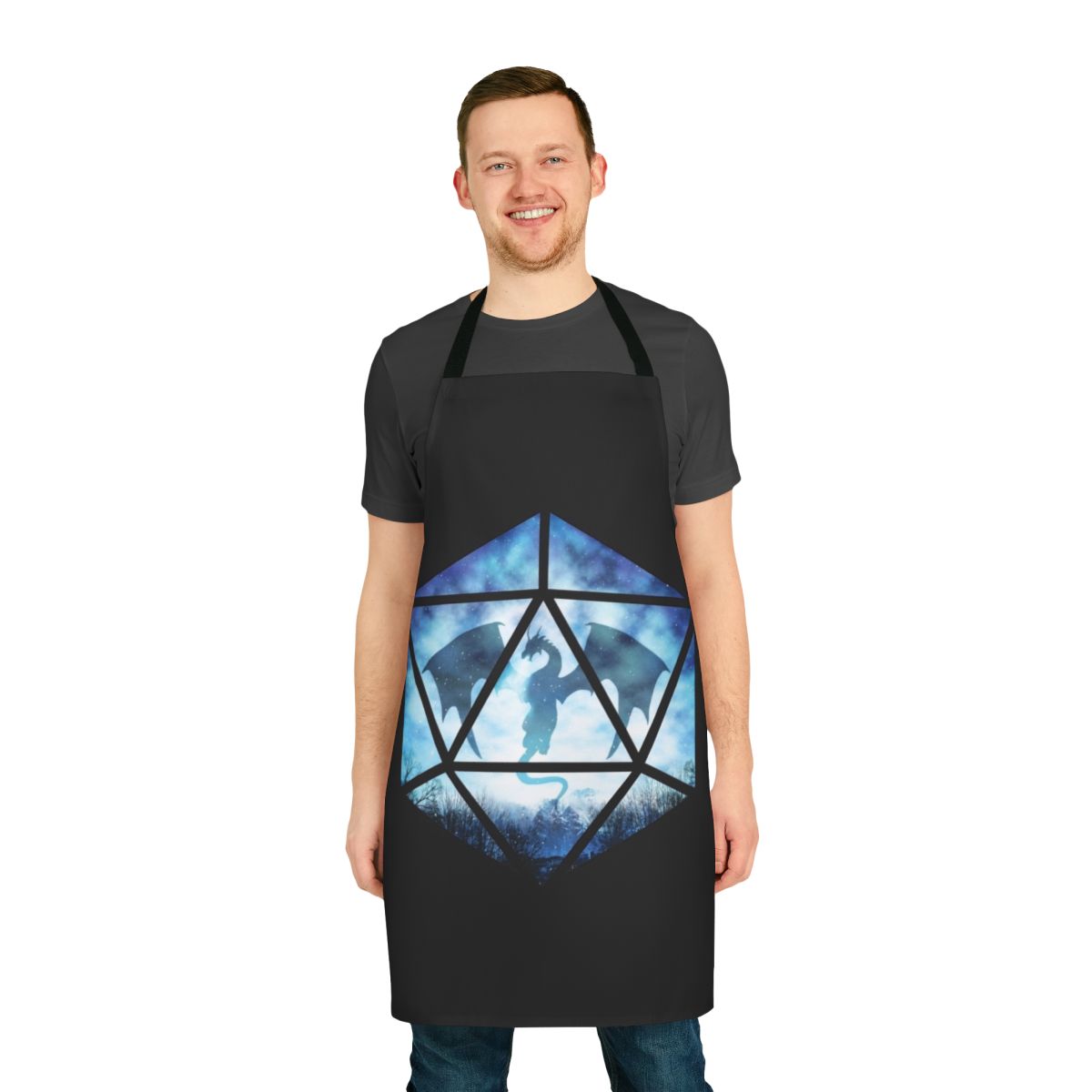 A blue and white apron featuring an ice dragon design, perfect for roleplaying and tabletop gaming enthusiasts.