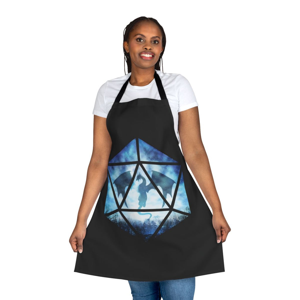 A blue and white apron featuring an ice dragon design, perfect for roleplaying and tabletop gaming enthusiasts.
