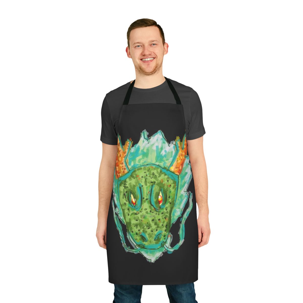 Illustration of an earth dragon head on a black apron