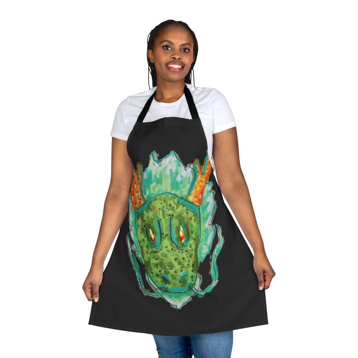 Illustration of an earth dragon head on a black apron