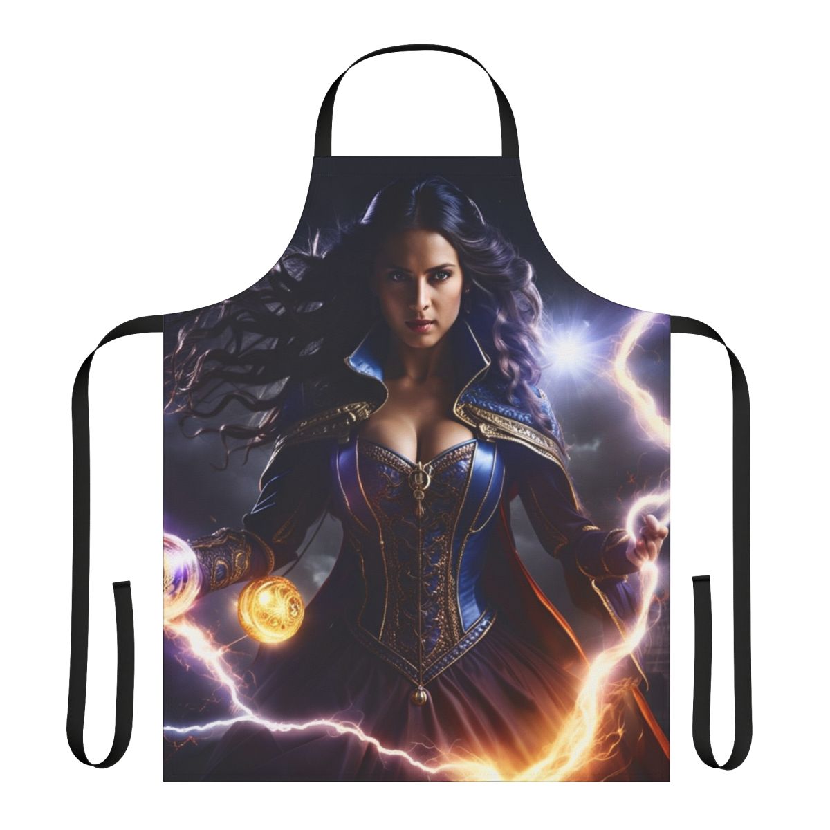 A blue electric apron with a superhero design, perfect for cooking and kitchen tasks.