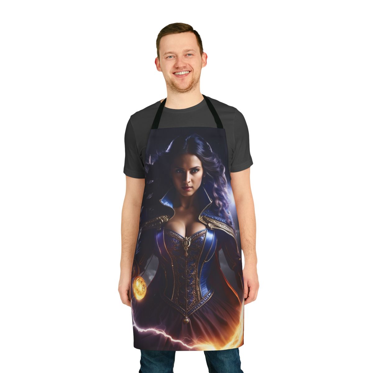 A blue electric apron with a superhero design, perfect for cooking and kitchen tasks.