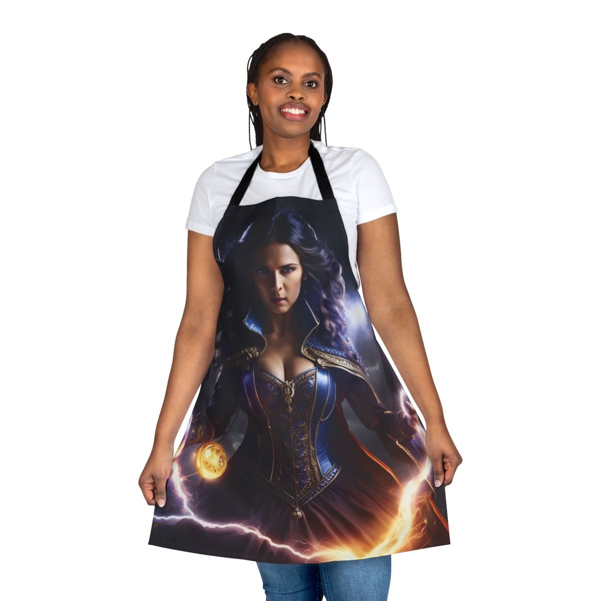 A blue electric apron with a superhero design, perfect for cooking and kitchen tasks.
