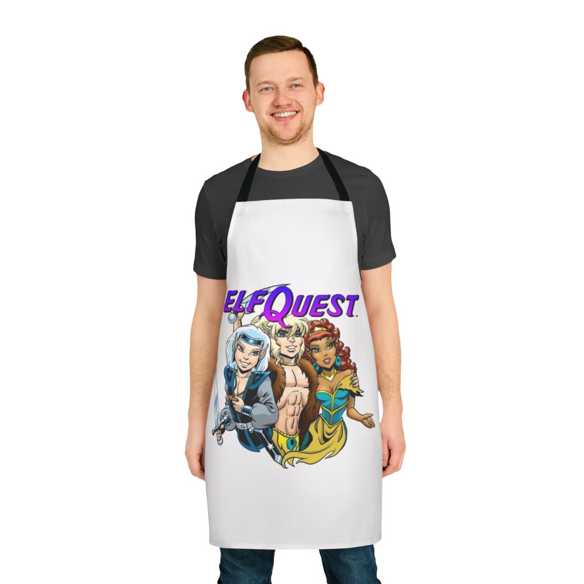 Illustration of elfquest-style fantasy characters on a modern apron