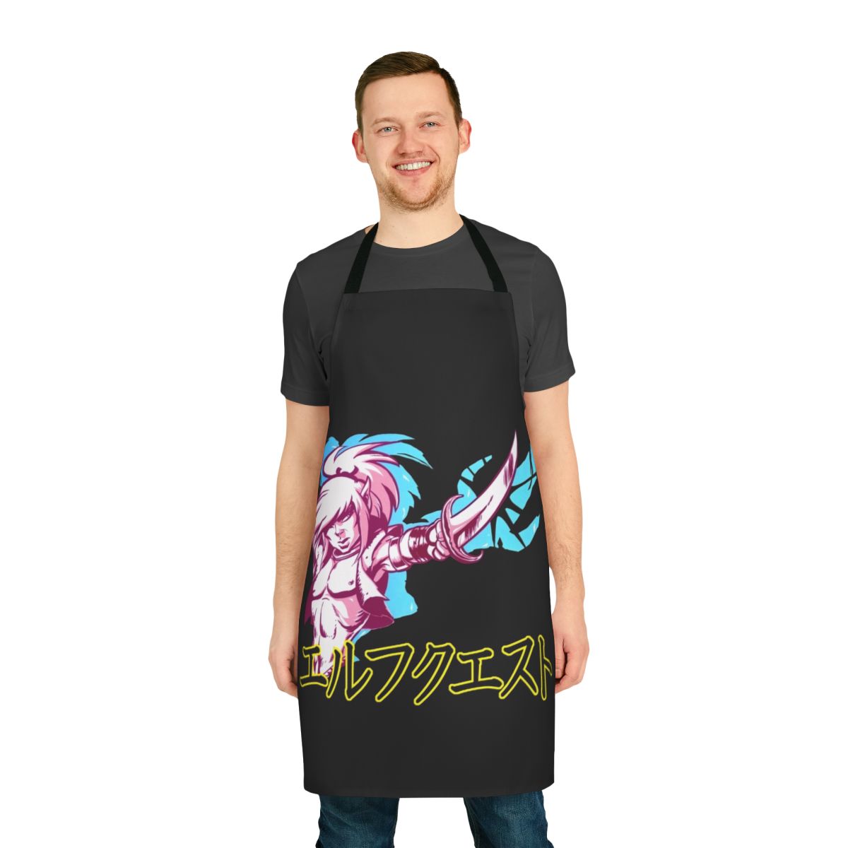 Elfquest-themed apron featuring katakana text and fantasy artwork