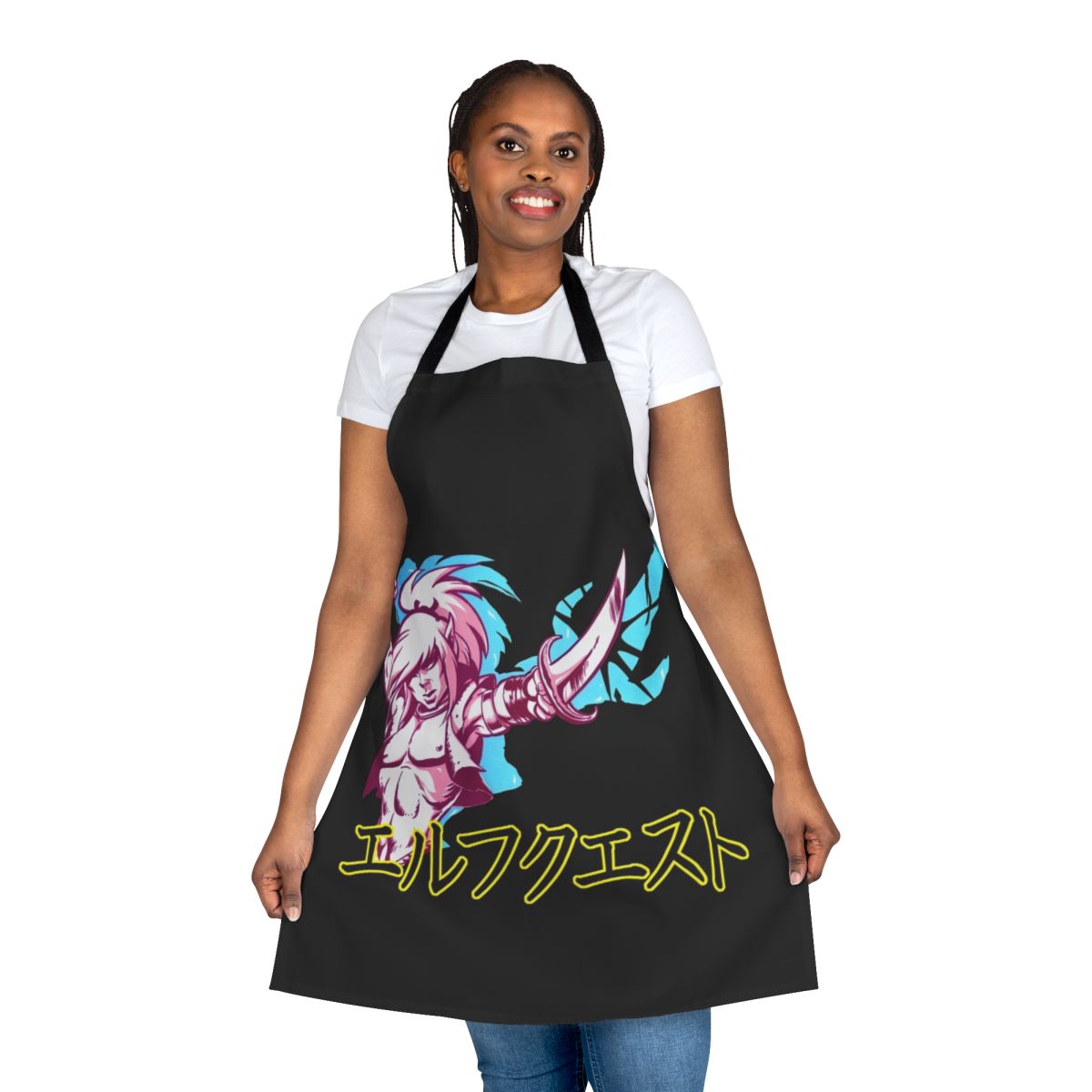 Elfquest-themed apron featuring katakana text and fantasy artwork