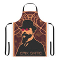 An apron featuring a captivating purple and psychedelic design inspired by the music of composer Erik Satie.