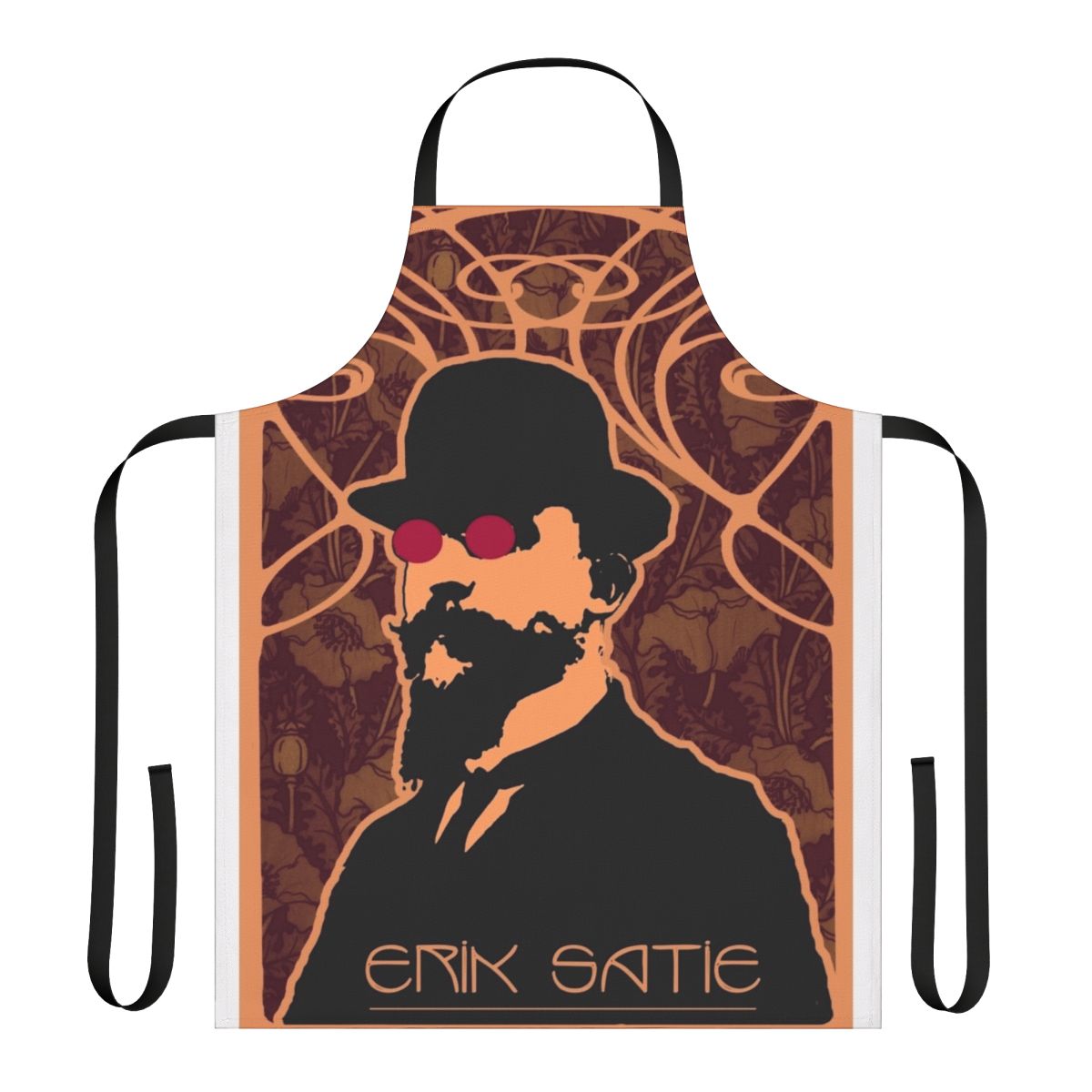 An apron featuring a captivating purple and psychedelic design inspired by the music of composer Erik Satie.