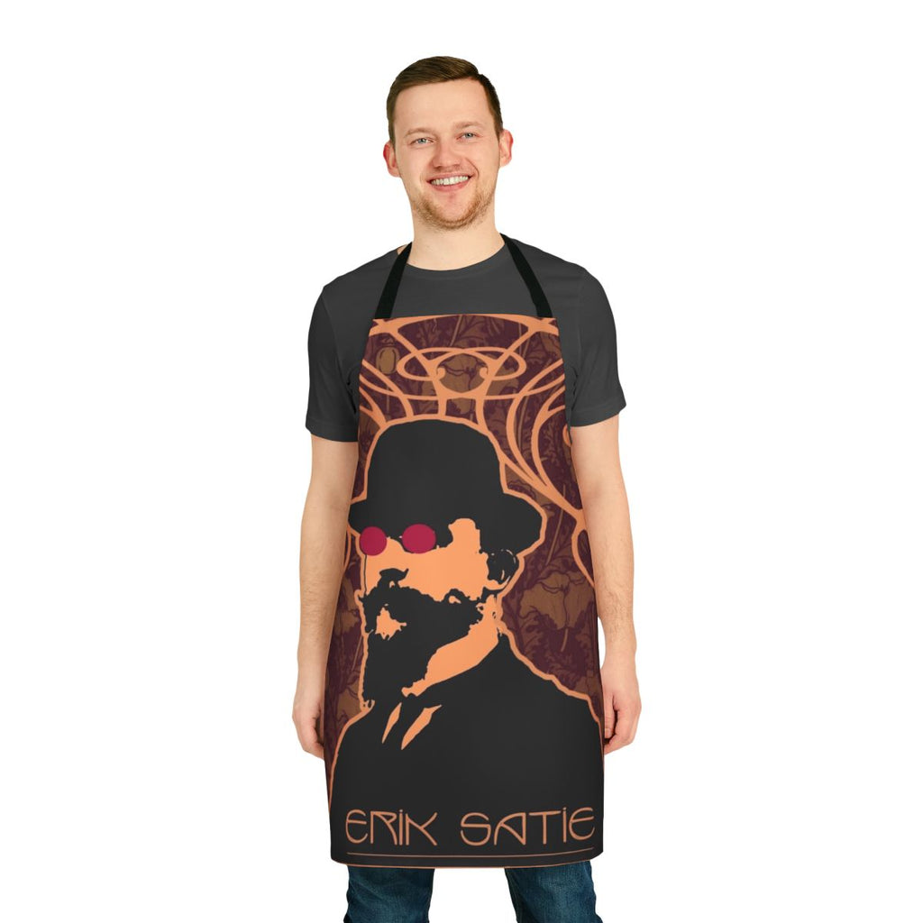 An apron featuring a captivating purple and psychedelic design inspired by the music of composer Erik Satie.