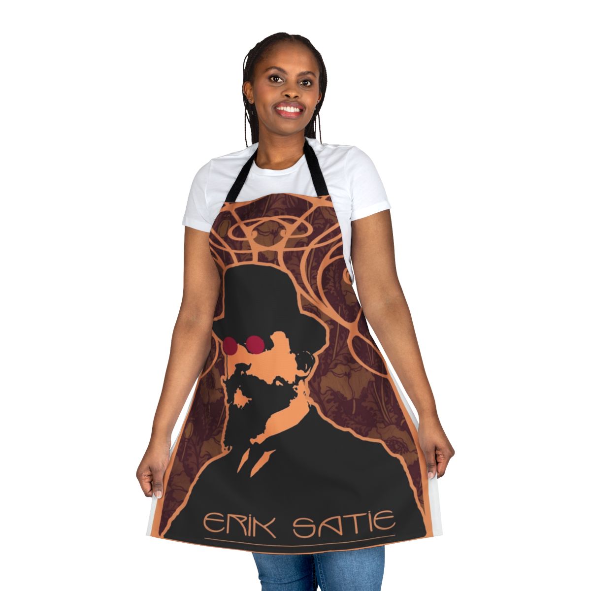An apron featuring a captivating purple and psychedelic design inspired by the music of composer Erik Satie.