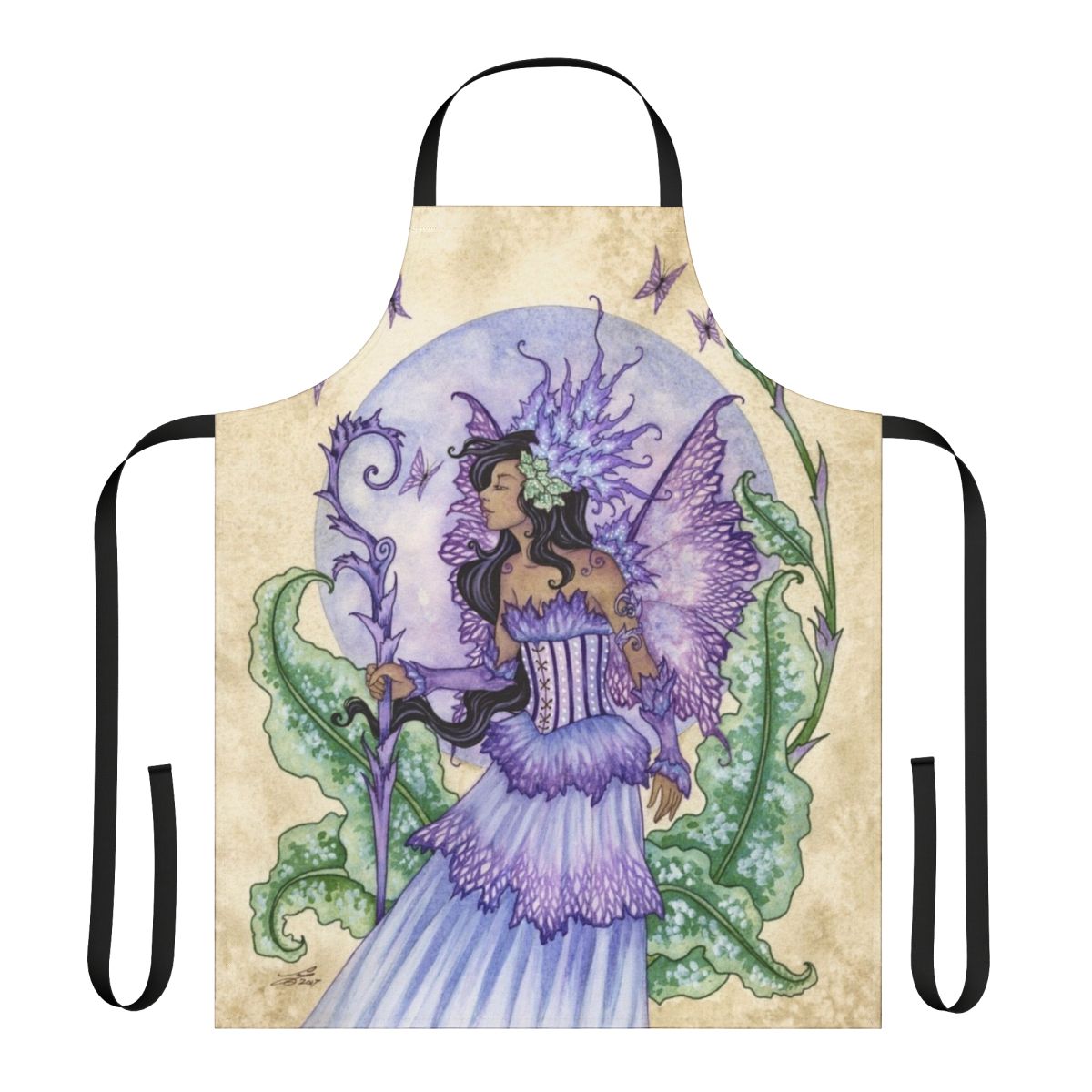Whimsical fairy-themed apron with butterfly and floral designs in purple and green