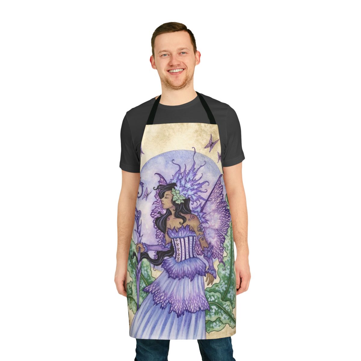 Whimsical fairy-themed apron with butterfly and floral designs in purple and green