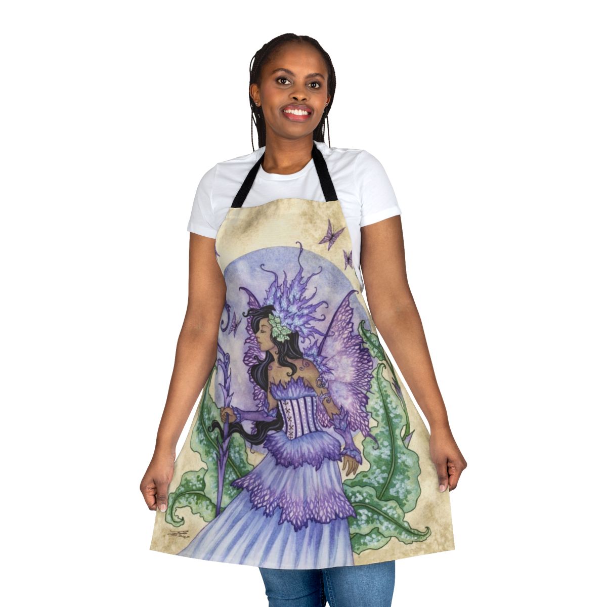 Whimsical fairy-themed apron with butterfly and floral designs in purple and green