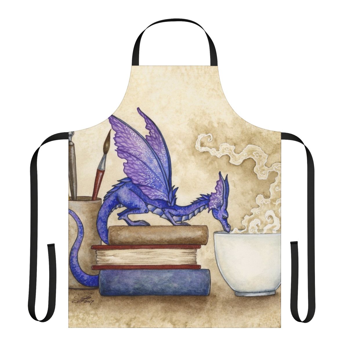 Whimsical fantasy-themed apron with book and dragon design for bookworms