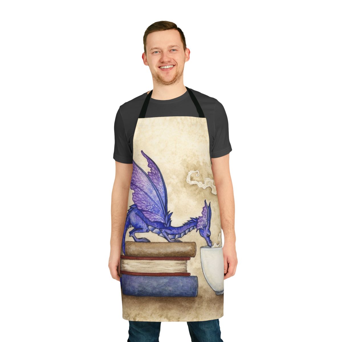 Whimsical fantasy-themed apron with book and dragon design for bookworms
