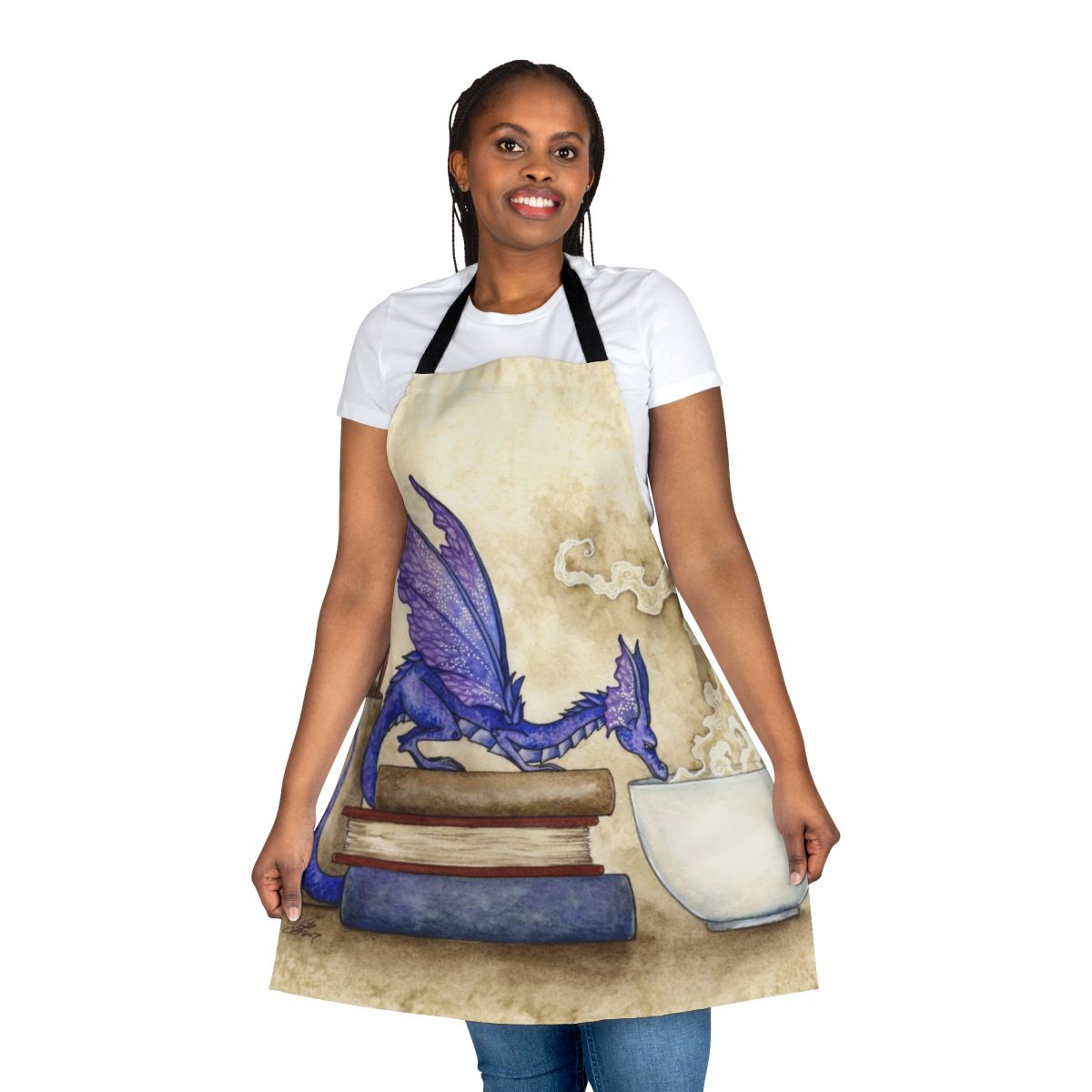 Whimsical fantasy-themed apron with book and dragon design for bookworms