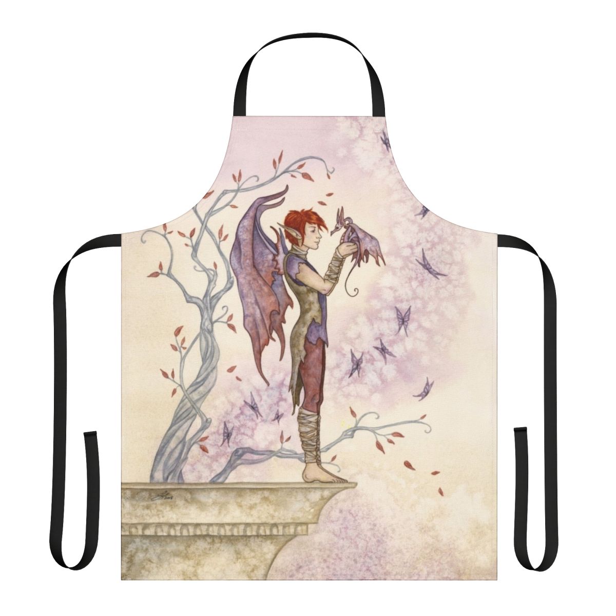 Whimsical fantasy-inspired apron featuring fairy, dragon, and autumn motifs