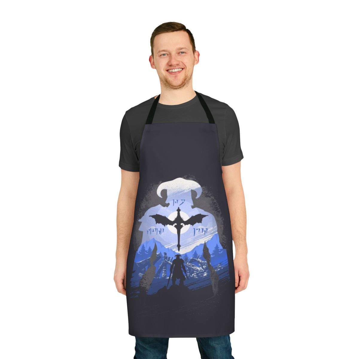 A high-quality apron featuring the iconic Dragonborn logo and design from the beloved Elder Scrolls V: Skyrim video game.