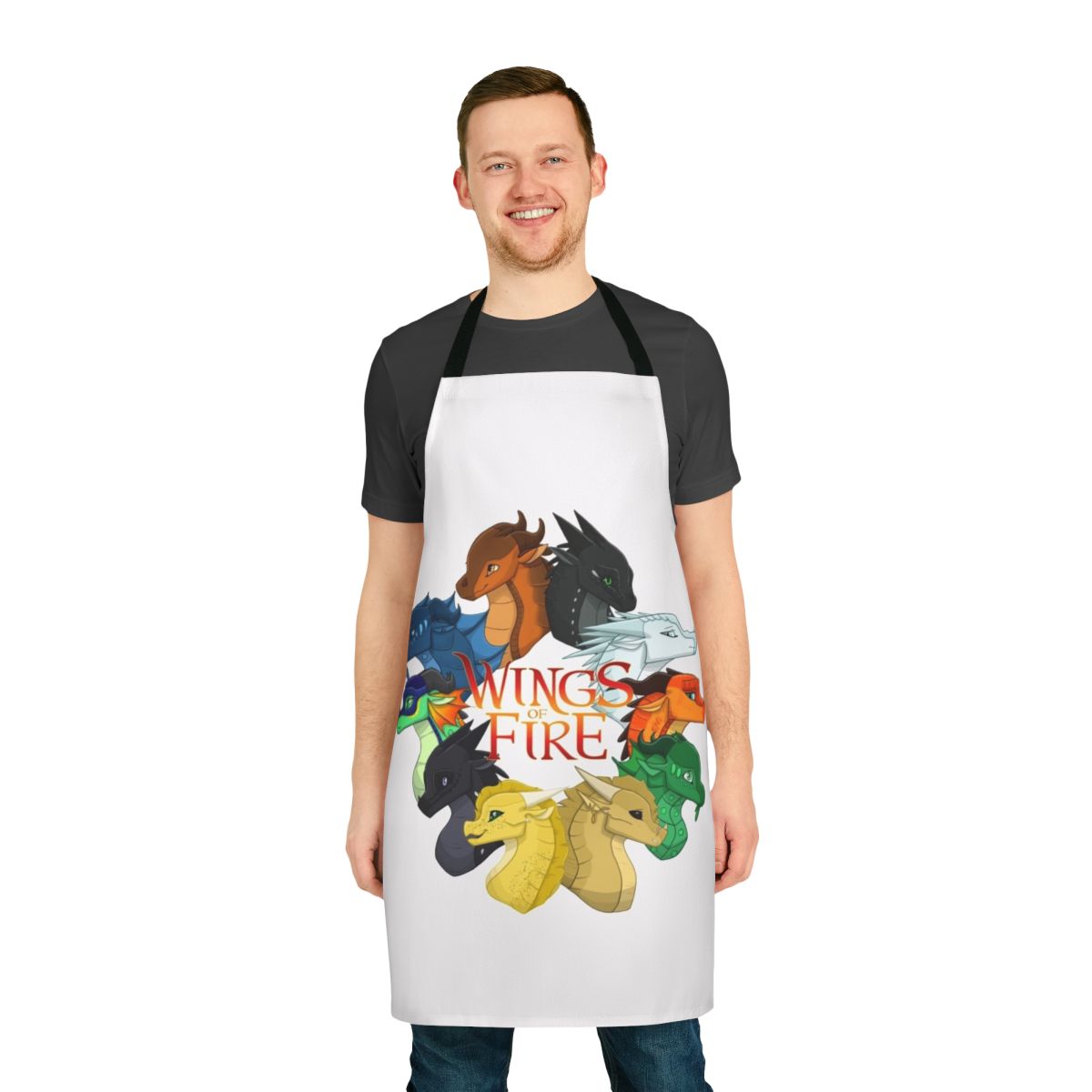 Vibrant Wings of Fire-inspired fantasy apron featuring the Dragonets of Destiny