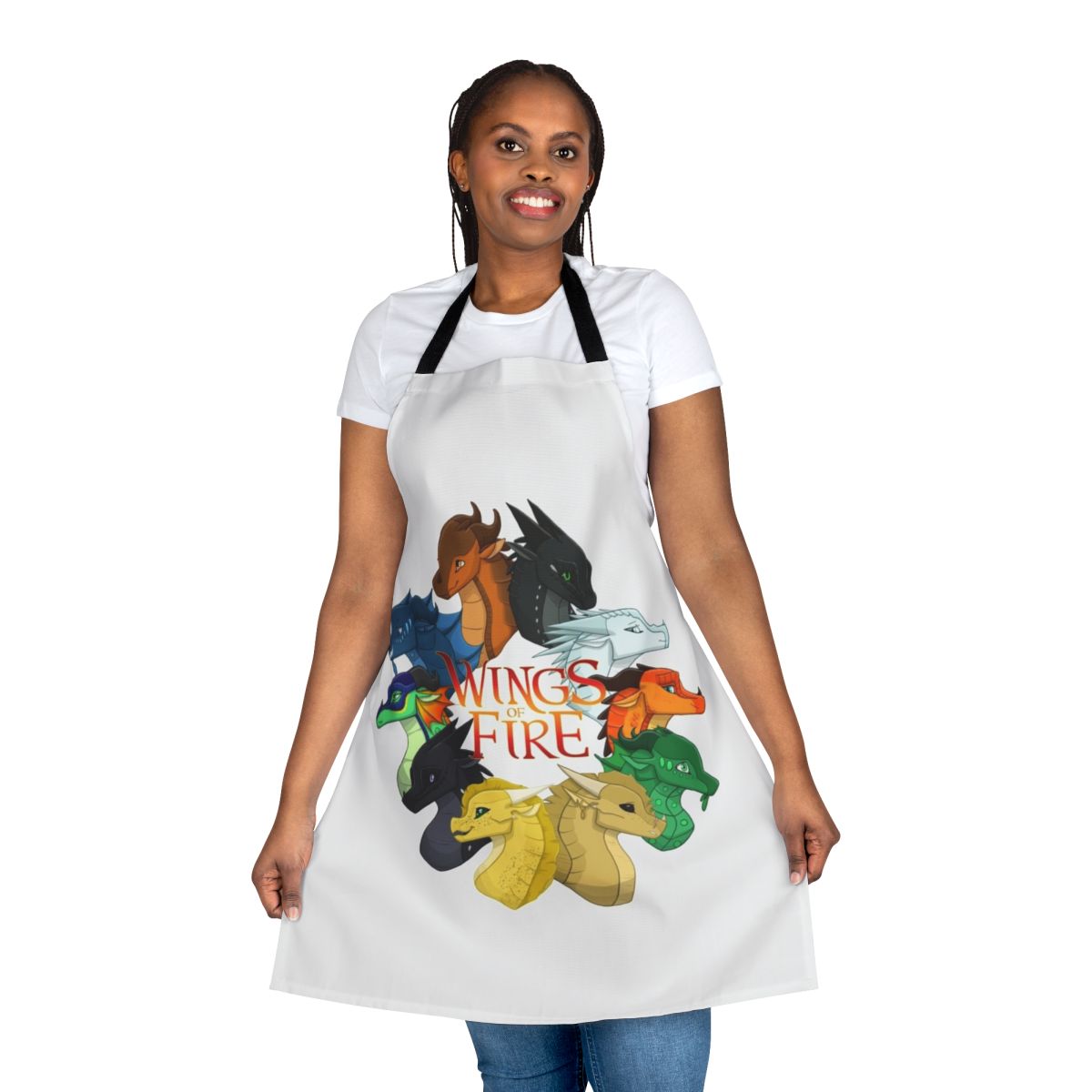 Vibrant Wings of Fire-inspired fantasy apron featuring the Dragonets of Destiny
