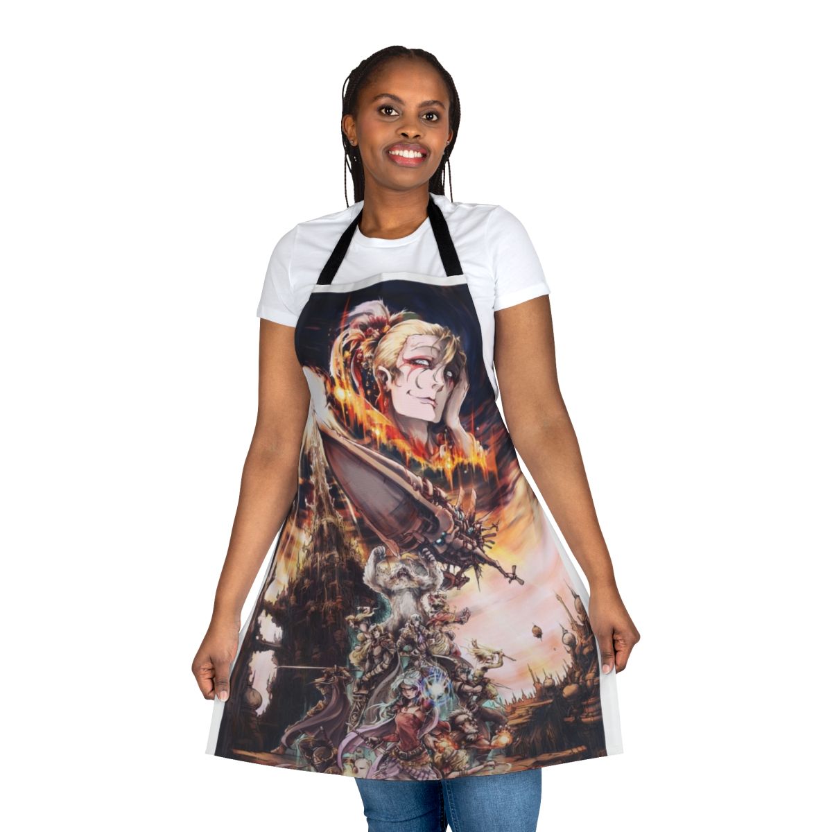 Stylish apron featuring iconic Final Fantasy characters and imagery
