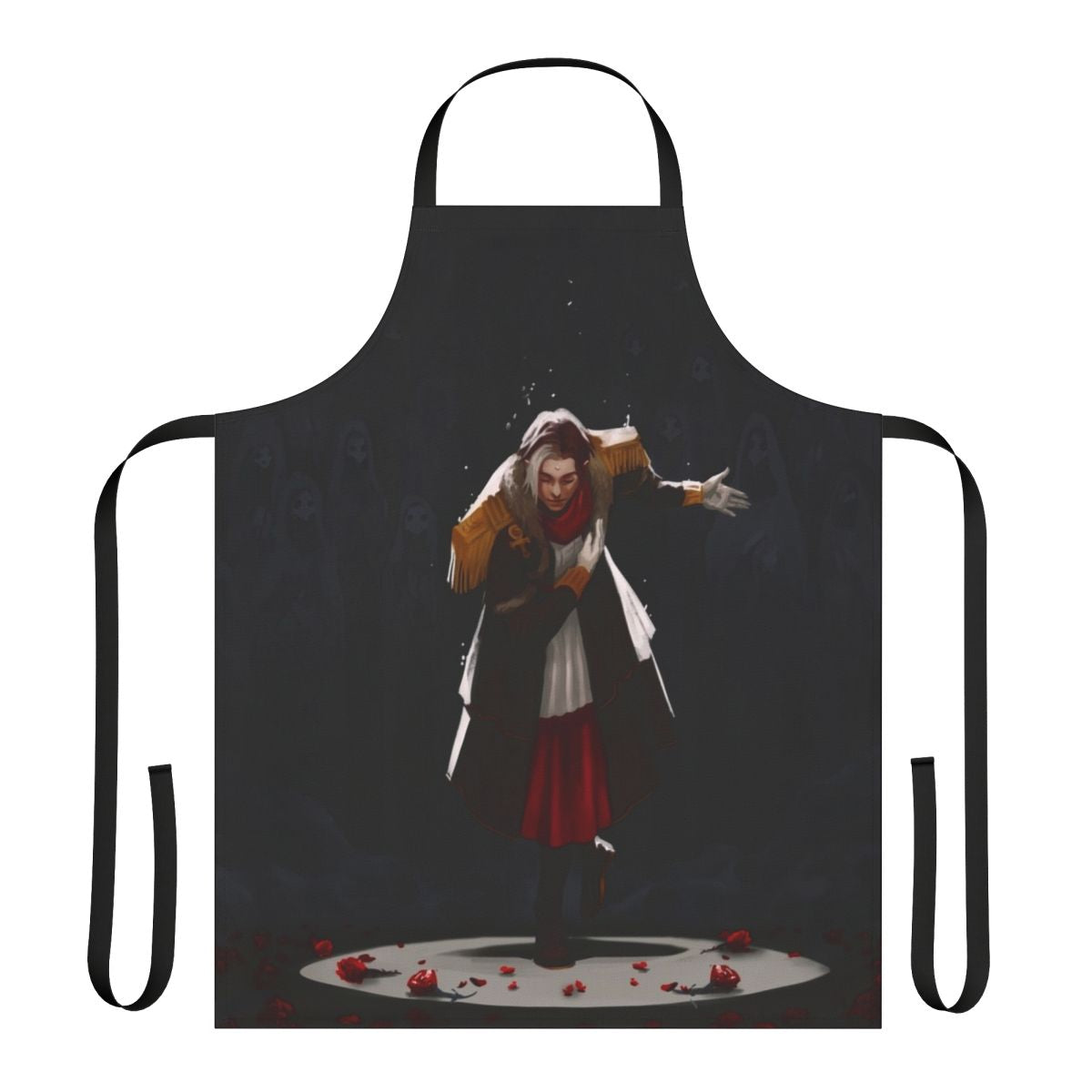 Elegant fantasy-themed apron with rose and Ascian motifs, perfect for cosplay or home use.