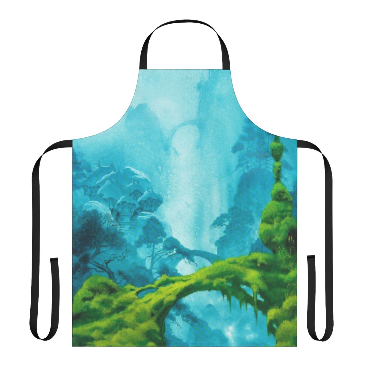 Enchanting fantasy apron featuring whimsical landscapes and floating islands from the iconic artwork of Roger Dean.