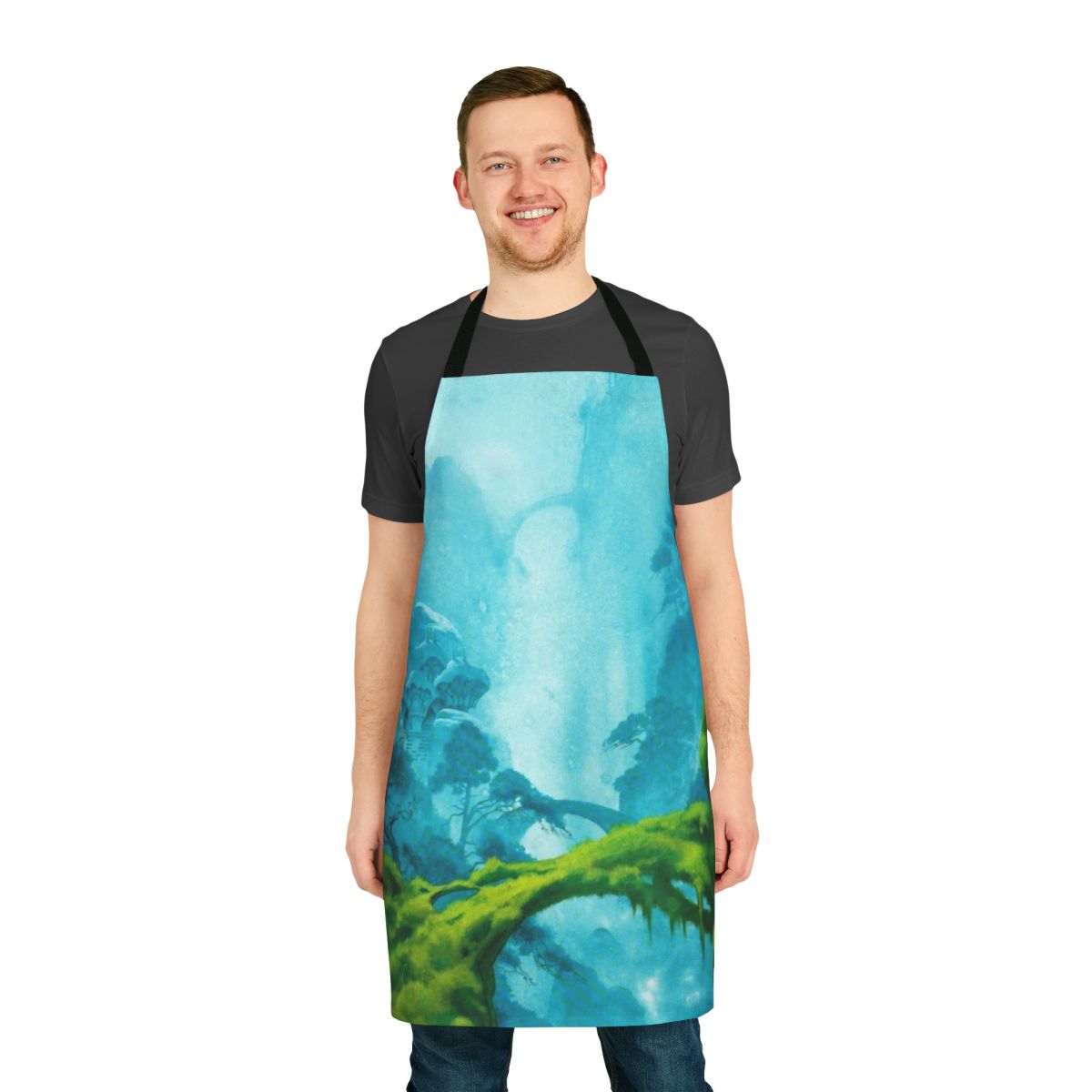 Enchanting fantasy apron featuring whimsical landscapes and floating islands from the iconic artwork of Roger Dean.
